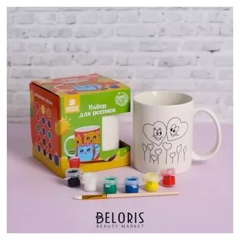 Набор кружка под раскраску «Сердечки» краска 6 цв по 2 мл, кисть