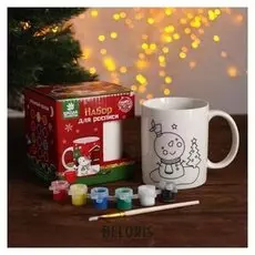 Набор кружка под раскраску «Снеговик с елочкой» краска 6 цв по 2 мл, кисть