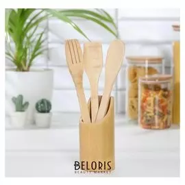 Набор кухонных принадлежностей «Бамбуковый лес», 3 предмета на подставке: 2 лопатки, ложка