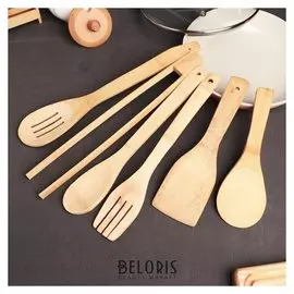 Набор кухонных принадлежностей «Дуновение леса», 7 предметов на подставке: щипцы, ложка, 4 лопатки