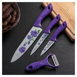 Набор кухонный,4 предмета: 3 ножа с антиналипающим покрытием, лезвие 8,5/12/20 см, овощечистка, цвет фиолетовый