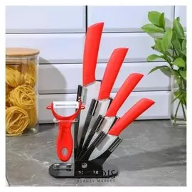 Набор кухонный, 5 предметов: 4 ножа 15/13/10/7,5 см, овощечистка, на подставке, цвет красный