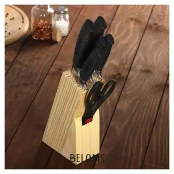 Набор кухонный, 6 предметов: 5 ножей 8,5/12/12/19,7/19 см, ножницы, цвет черный