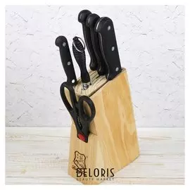 Набор кухонный, 6 предметов на подставке; 4 ножа 10/17/14,5/18"8,5, мусат, ножницы, цвет чёрный