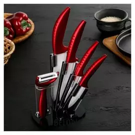 Набор кухонный «Бордо», 5 предметов: лезвие 7,5/10/13/15 см, овощечистка, на подставке