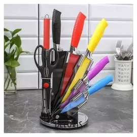 Набор кухонный «Радуга», 7 предметов: 5 ножей, лезвие 20/23/30/32/33 см, ножницы, мусат, на подставке