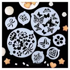 Набор кулинарных трафаретов для украшения выпечки «Букет», 8 шт: 2 больших D=20 см, 6 маленьких D=8 см