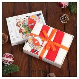 Набор махровых полотенец "Веселого нового года" 30х30 см -5шт, 100% хл, 340гр/м2