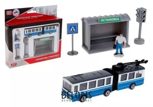 Набор металлических машин «Троллейбус с остановкой и аксессуарами»