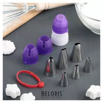 Набор насадок кондитерских, 6 шт, адаптер с колпачком, 2 переходника, зажим для мешка