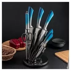 Набор ножей «Градиент», 7 предметов: 5 ножей, лезвия 8,5/11,5/16,5/20/20 см, мусат, ножницы, цвет синий