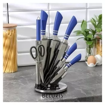 Набор ножей Omega: 5 ножей в подставке,лезвие 8/12,5/19,5/20/20, ножницы, мусат, цвет синий