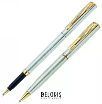 Набор PIERRE CARDIN: шариковая ручка + ручка-роллер, корпус серебристый, латунь, синий