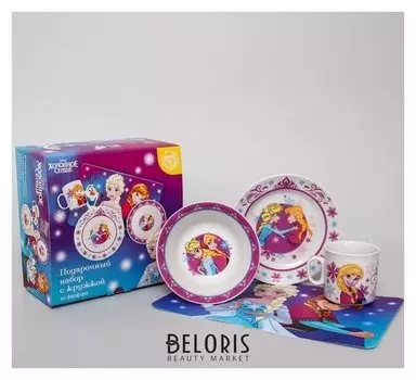 Набор посуды «Анна и эльза», 4 предмета: тарелка Ø 16,5 см, миска Ø 14 см, кружка 200 мл, коврик в подарочной упаковке, холодное сердце