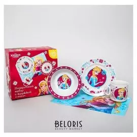 Набор посуды «Эльза», 4 предмета: тарелка Ø 16,5 см, миска Ø 14 см, кружка 200 мл, коврик в подарочной упаковке, холодное сердце