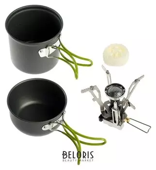 Набор посуды туристический + газовая плита, 2 кастрюли, губка-люфа