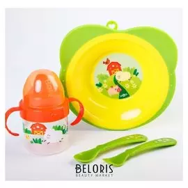 Набор посуды "Веселая ферма": тарелка, поильник, вилка, ложка