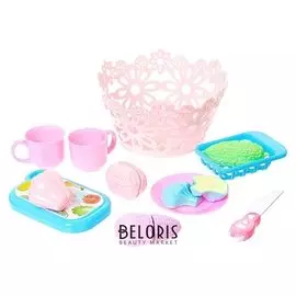 Набор продуктов для нарезки Фруктово-овощной микс, в корзинке с посудкой