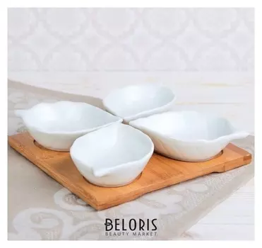 Набор салатников 50 мл "Эстет. лист", 4 шт, на деревянной подставке