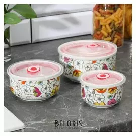 Набор салатников "Летний сад", 3 шт: 350 мл, 600 мл, 1 л, D=16/14/10/ см, с вакуумными крышками