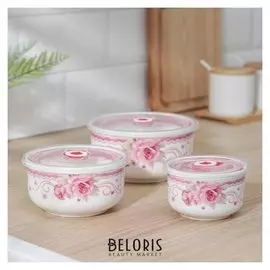 Набор салатников с крышками «Цветы и горох», 3 шт: 300 мл, 600 мл, 900 мл