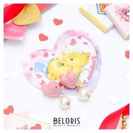 Набор серьги+открытка, "Сердце" принцесса, с бусиной, цвет ярко-розовый