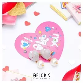 Набор серьги+открытка, "Сердце" принцесса, с бусиной, цвет серый