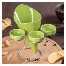 Набор сервировочный «Фарбе», 4 шт: ёмкость для картофеля фри, 3 соусника, цвет зелёный