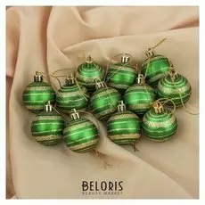 Набор шаров пластик D-4 см, 12 шт "Полоска" зелёный