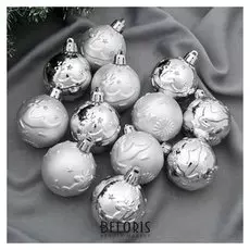 Набор шаров пластик D-5 см, 12 шт "Весёлые олени" серебро