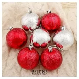 Набор шаров пластик D-6 см, 12 шт "Листики" серебристо-красный