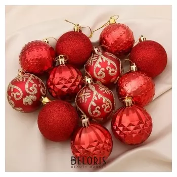 Набор шаров пластик D-6 см, 12 шт "Цветение" красный