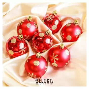 Набор шаров пластик D-6 см, 12 шт "Горох и ромашки" красный