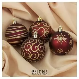 Набор шаров пластик D-6 см, 4 шт "Золотые узоры" бордовый