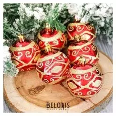 Набор шаров пластик D-6 см, 6 шт "Расписные узоры" красный