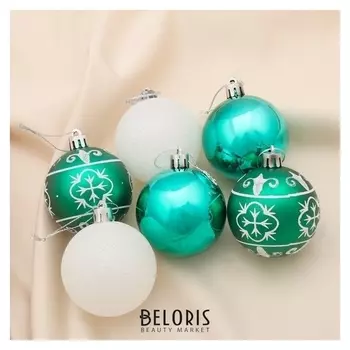 Набор шаров пластик D-6 см, 6 шт "Изумрудик - узоры" белый и зелёный