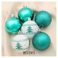 Набор шаров пластик D-6 см, 6 шт "Изумрудик - ёлочка" белый и зелёный