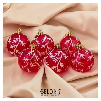 Набор шаров пластик D-6 см, 6 шт "Изморозь" красный