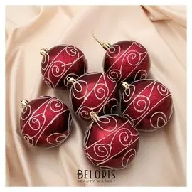 Набор шаров пластик D-8 см, 6 шт "Белые завитки" бордовый