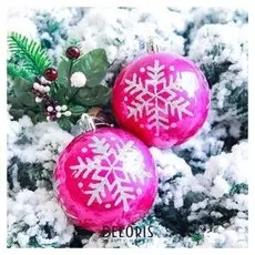 Набор шаров пластик D-8 см, 6 шт "Глянец - снежинка" розовый