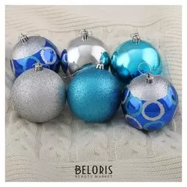 Набор шаров пластик D-8 см, 6 шт "Горошек" серебристо-синий