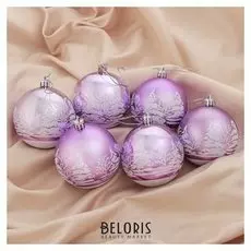 Набор шаров пластик D-8 см, 6 шт "Зимний лес" розовый