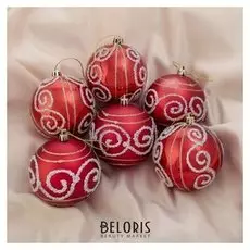 Набор шаров пластик D-8 см, 6 шт "Морозные кружева" красный