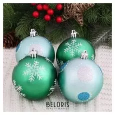 Набор шаров пластик D-8 см, 9 шт "Снежинки и горошек" зелёный