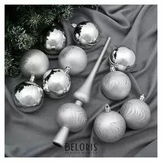 Набор шаров пластик с верхушкой 21 шт "Изгибы" (20 шаров, верхушка) серебро