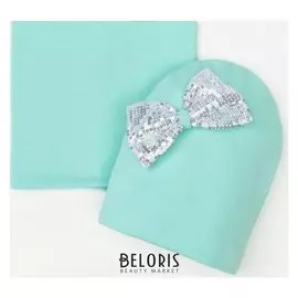 Набор: снуд и шапка с бантом из пайеток, цвет мятный, р. 46/50 см