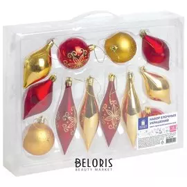 Набор украшений для ели ЗОЛОТАЯ СКАЗКА, пластик, 12 предметов, кейс, цвет красный / золото