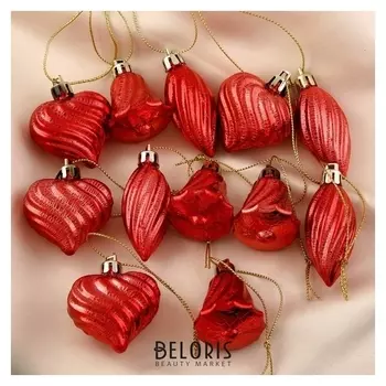 Набор украшений пластик 12 шт "Амели" (4 сердца, 4 колокольчика, 4 сосульки) красный