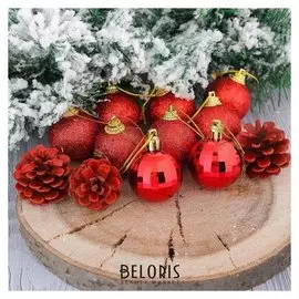 Набор украшений пластик 12 шт "Зимний лес" (9 шаров,3 шишки) красный
