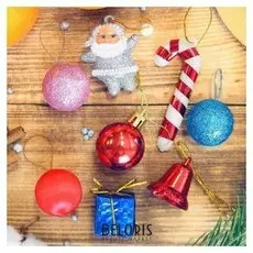 Набор украшений пластик 15 шт "Карнавал" (8 шаров, 2 палочки, Дед мороз, 2 колокольчика, 2 подарка)